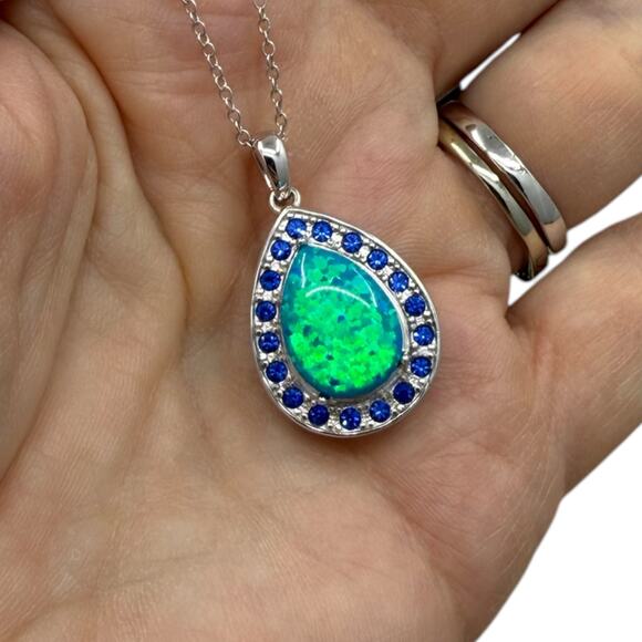 Unbranded Jewelry - Created Opal & Blue Sapphire Pendant Necklace 925 Sterling Silver 18 inch